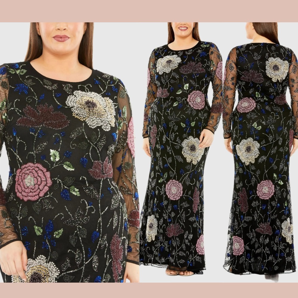 NWT Mac Duggal [ 16W ] 94011 Long Sleeve High Neck Floral Embroidered Gown J1689